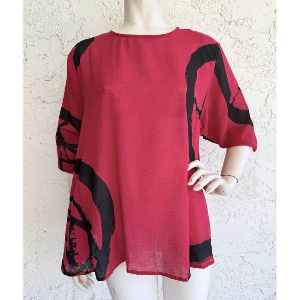 MONA LISA Tunic Top Red Black Art to Wear Cotton Linen Oversized Blouse One Size